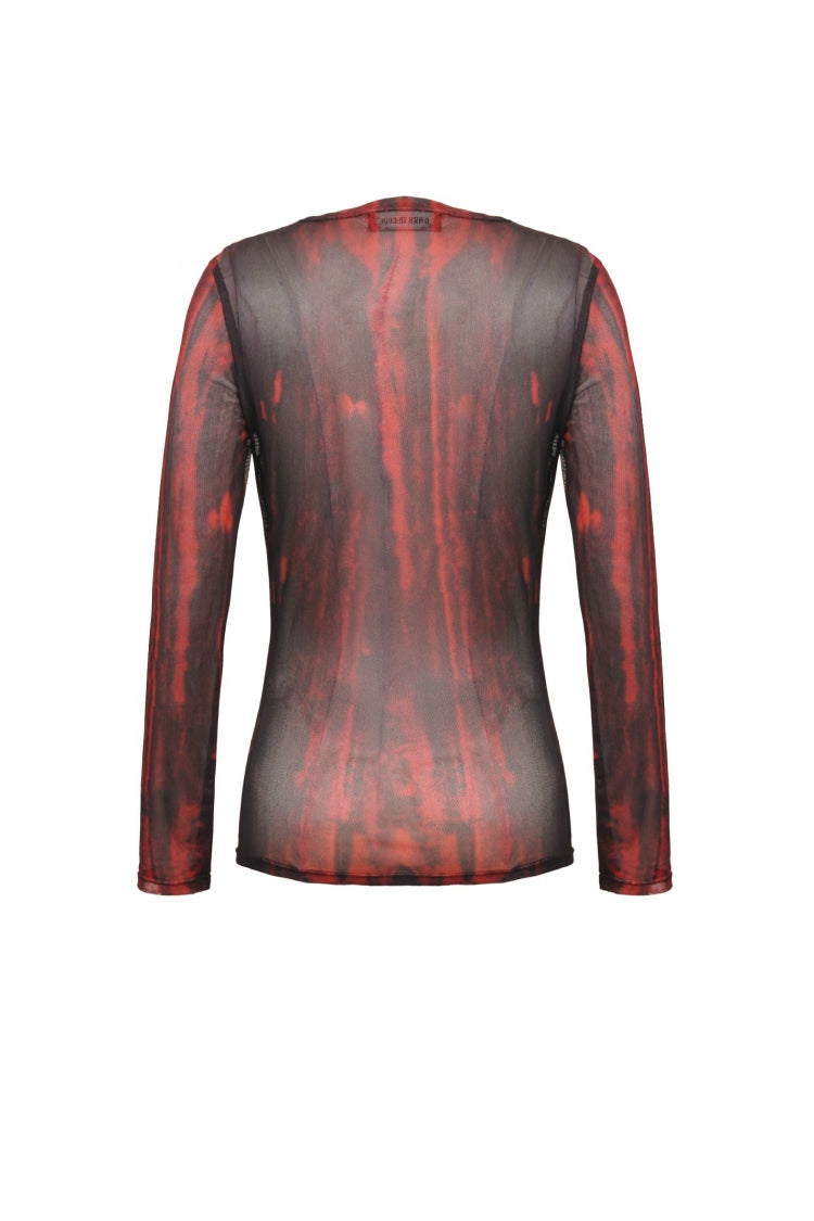 Crimson & Obsidian Round Collar Long Sleeves Sheer Mesh Tie-Dyed Versatile Basic Top