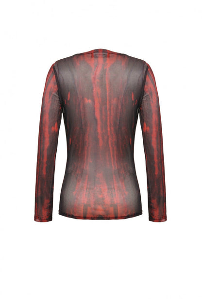 Crimson & Obsidian Round Collar Long Sleeves Sheer Mesh Tie-Dyed Versatile Basic Top
