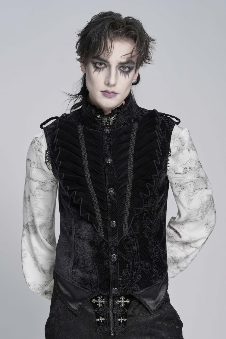 Men's Black Gothic Vest, Jacquard with Embroidery, Buckles and Pleats