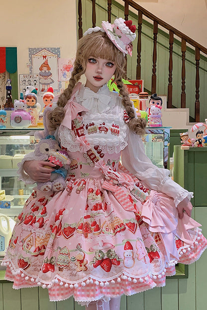 Natural Waisted Ruffle Bowknot Sweet Lolita JSK Dress with Strawberry Dessert Print - 4 Colors