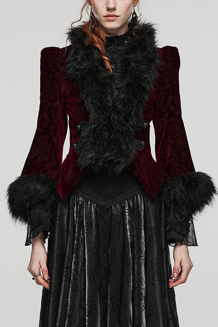 Women's V-Neck Long Sleeve Faux Fur Stitch Gothic Coat Four Shades