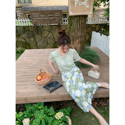 Floral Green Straight Elegant Embroidery Skirt