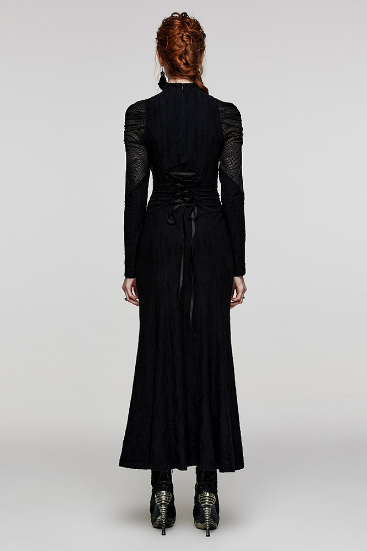 Black Gothic Dress with Snake Print, Lace-Up Mesh and High Collar for Women