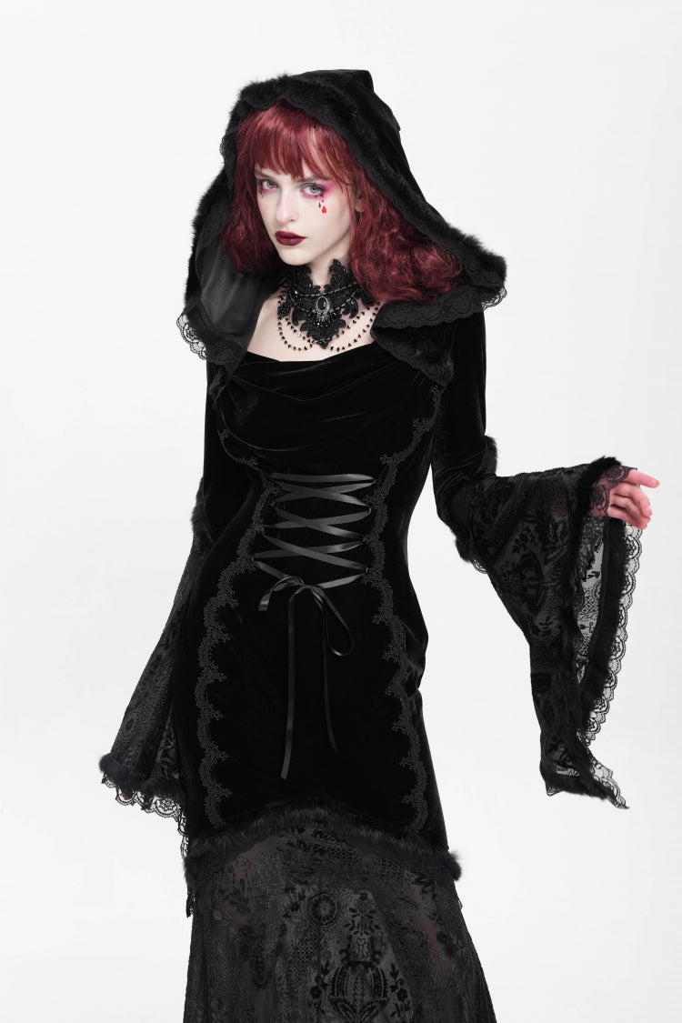 Ebony Flared-Sleeve Embroidered Lace Hooded Sheer Gothic Dress