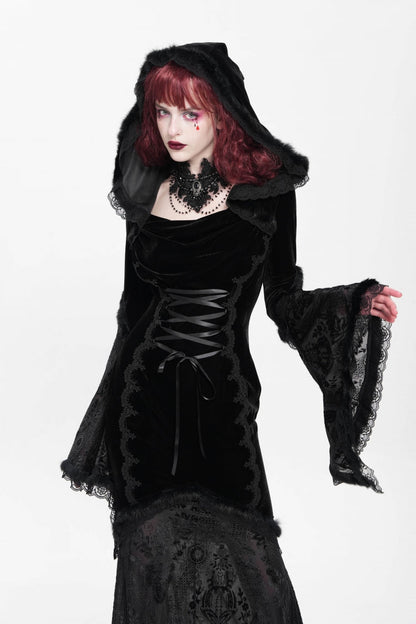 Ebony Flared-Sleeve Embroidered Lace Hooded Sheer Gothic Dress