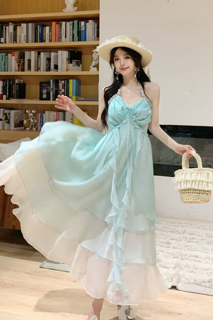 Sleeveless Triple-Layered Ruffle Lace-Up Sweet Lolita JSK Dress in Mint Green Dreaming About The Sea