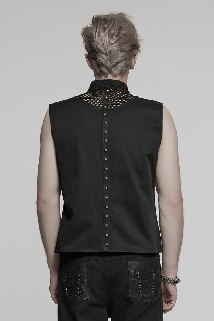 Men's Black Mesh Punk Vest, Stitched High Collar