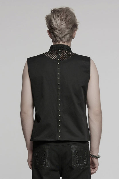 Men's Black Mesh Punk Vest, Stitched High Collar
