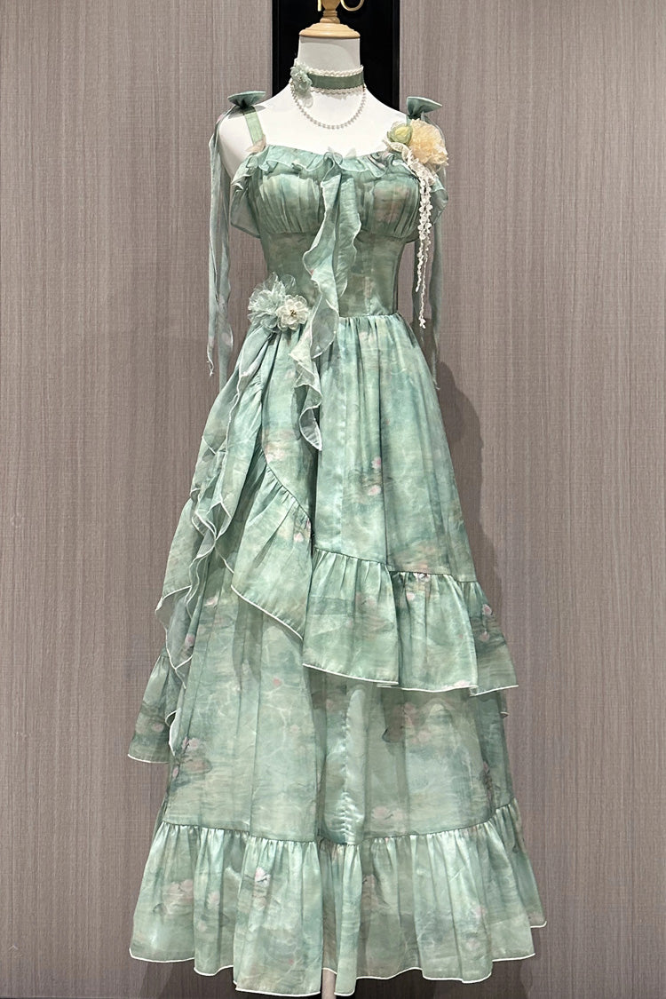 Emerald Print Ruffle Bow Sweet Lolita Long Jumper Dress