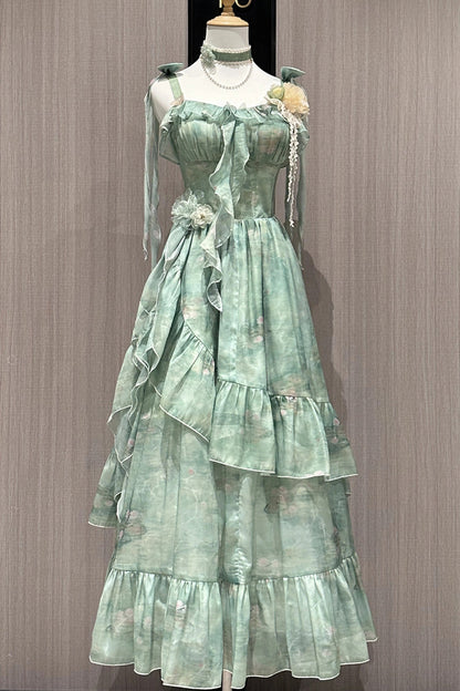 Emerald Print Ruffle Bow Sweet Lolita Long Jumper Dress