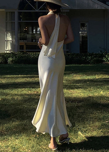 Dresses V Solid Silk Neck Sleeveless Long Art Backless Beige
