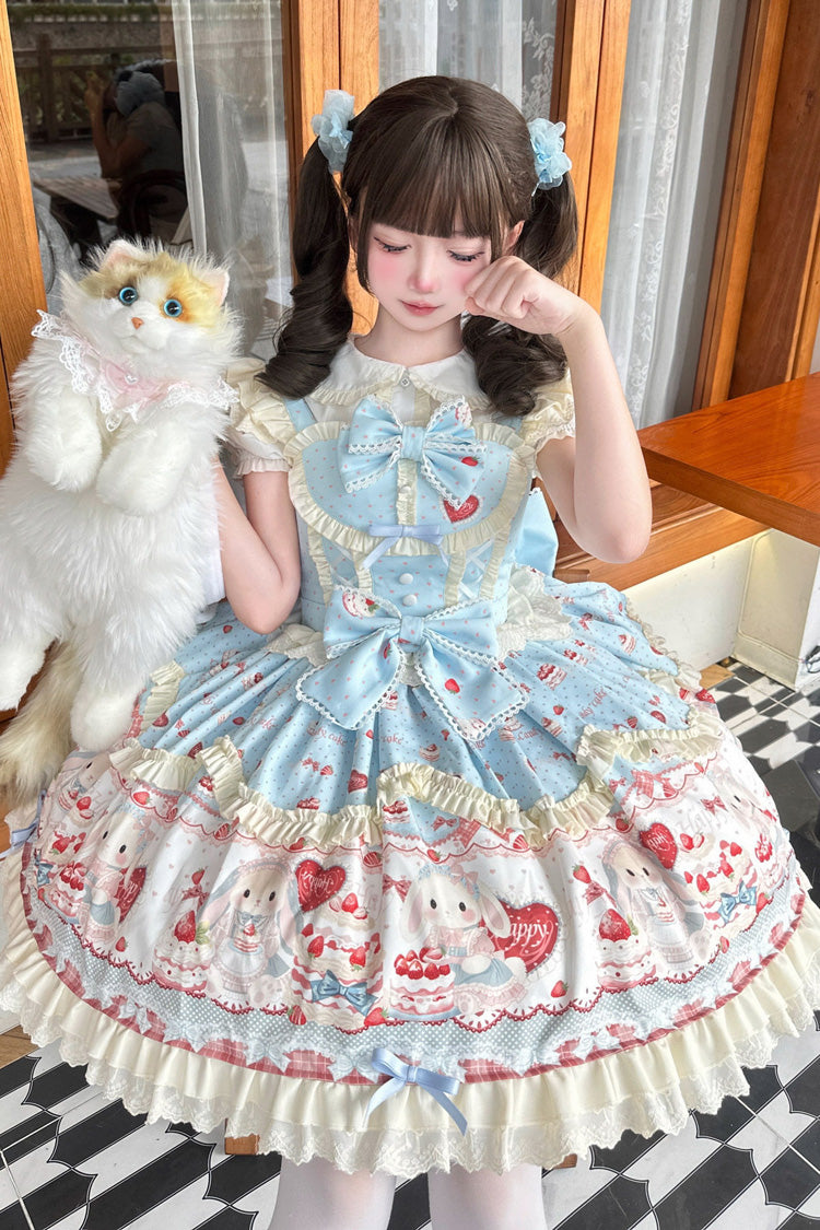 Azure Cute Rabbit Party Sleeveless Double Ruffled Bow Sweet Lolita Jumper Dress