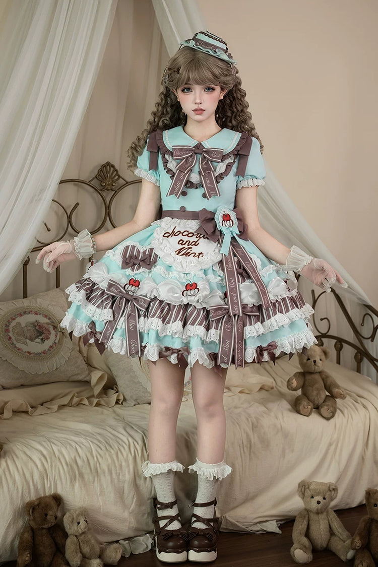 Emerald Lapel Collar Short Sleeve Triple-Layer Printed Ruffled Bow Lace Princess Sweet Lolita Gown