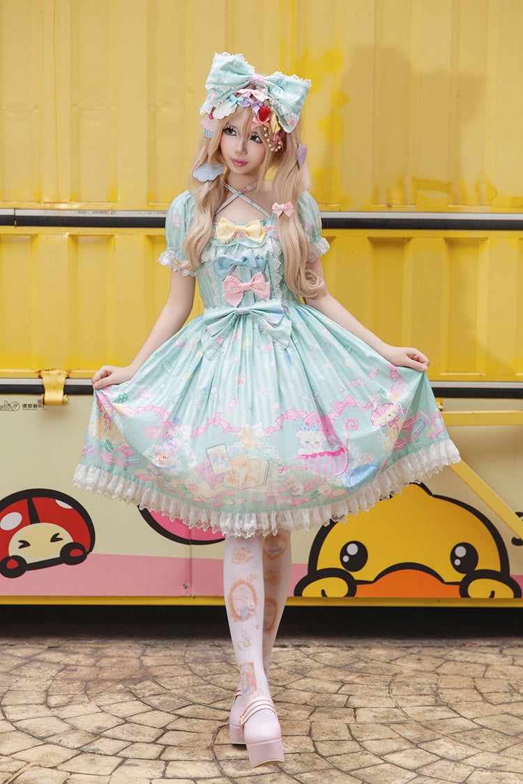 Emerald Macaron Dolly Square-Collar Lantern-Sleeve Bow Printed Dress