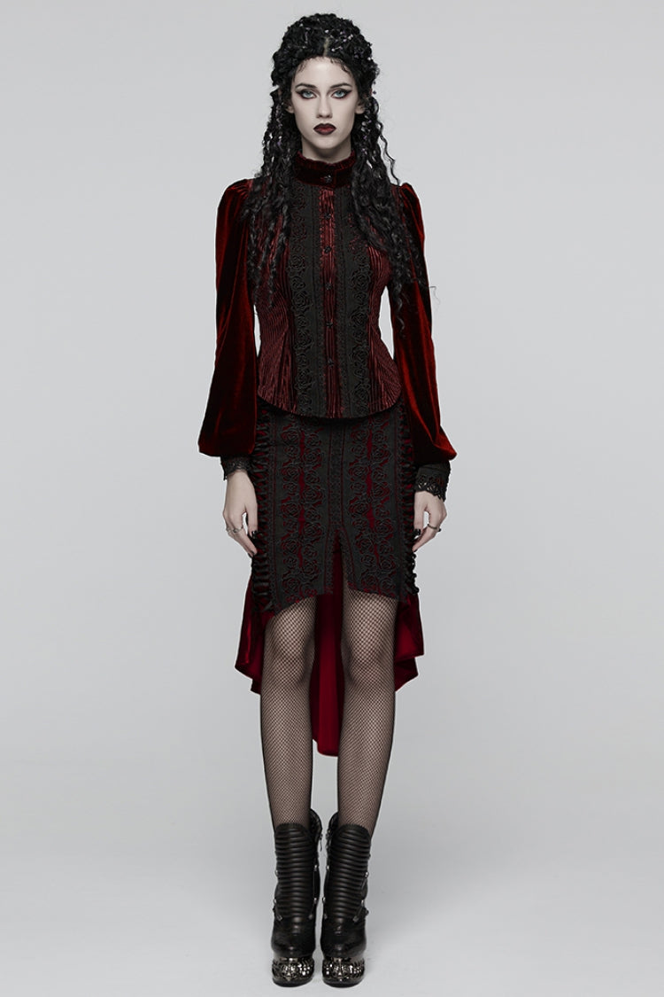 Crimson High-Neck Gothic Floral Lace-Up Blouse with Puffed Sleeves