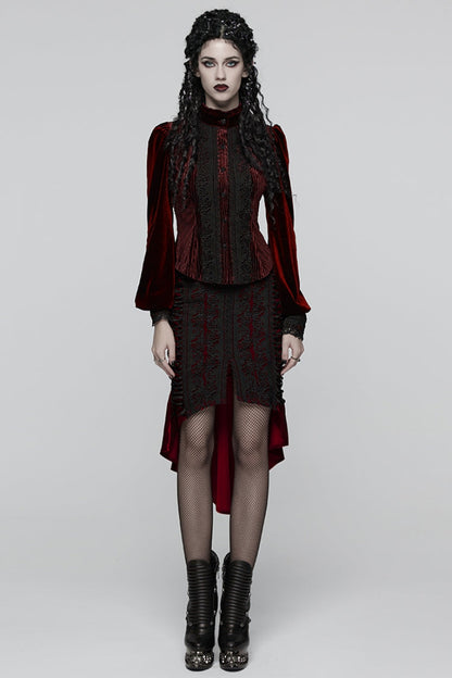 Crimson High-Neck Gothic Floral Lace-Up Blouse with Puffed Sleeves