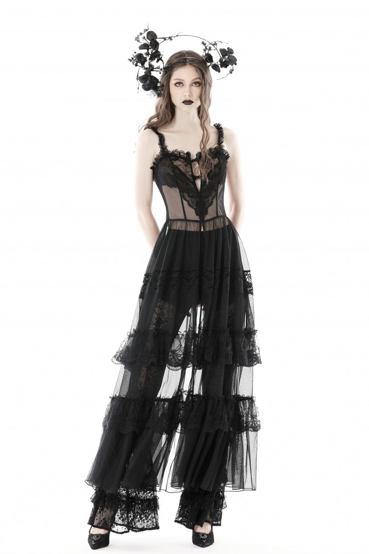No-Sleeve Layered Lace Sheer Mesh Gothic Slip Gown
