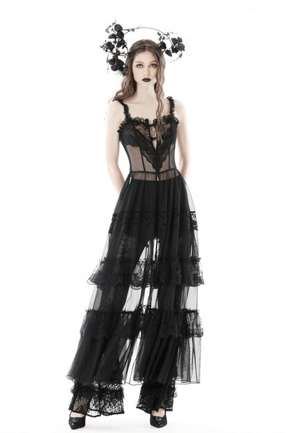 No-Sleeve Layered Lace Sheer Mesh Gothic Slip Gown