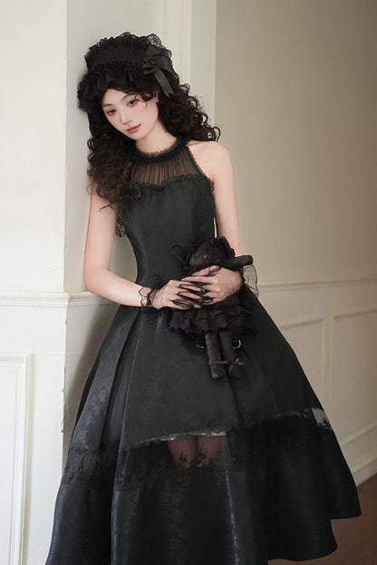 Elegant Lolita Dress with Off-Shoulder Neckline and Ruffle Print in Black