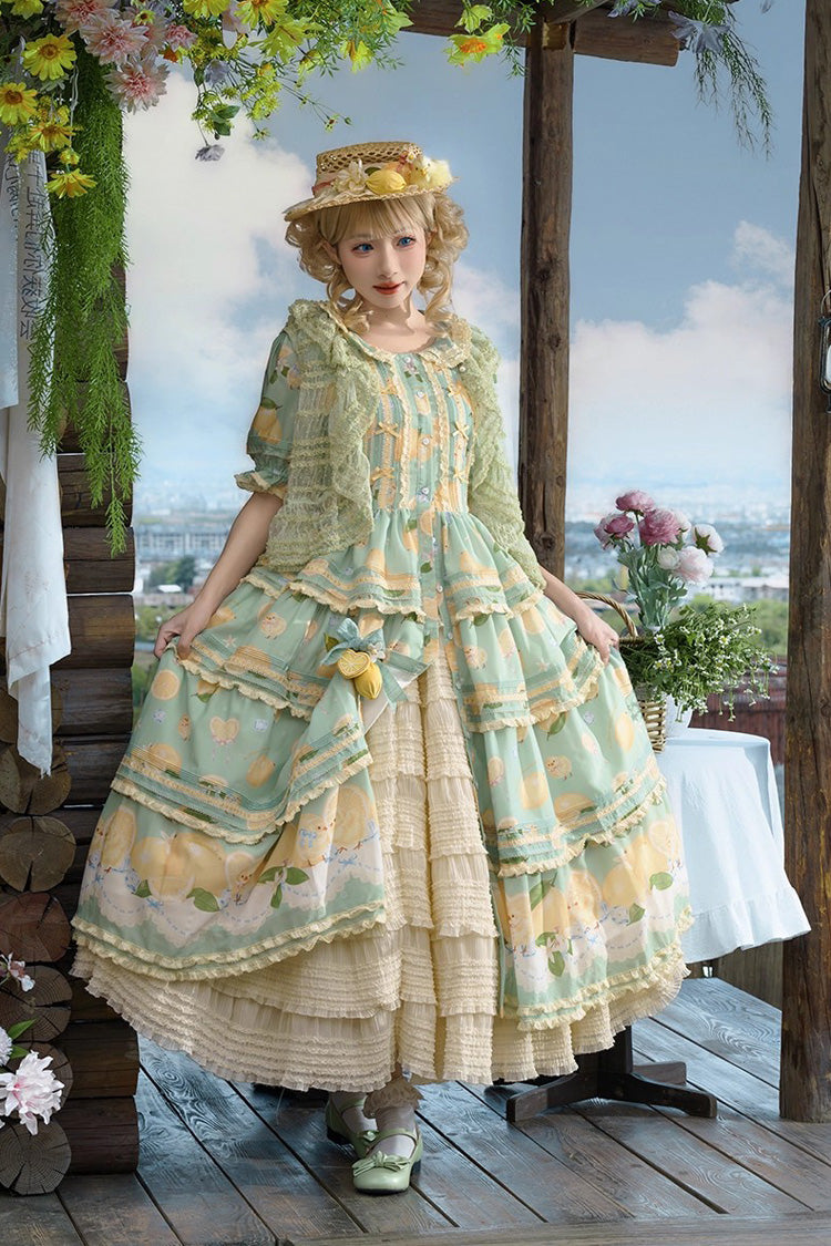 Emerald Lemon Chicken Triple-Layer Ruffle Bow Lace Gorgeous Dress