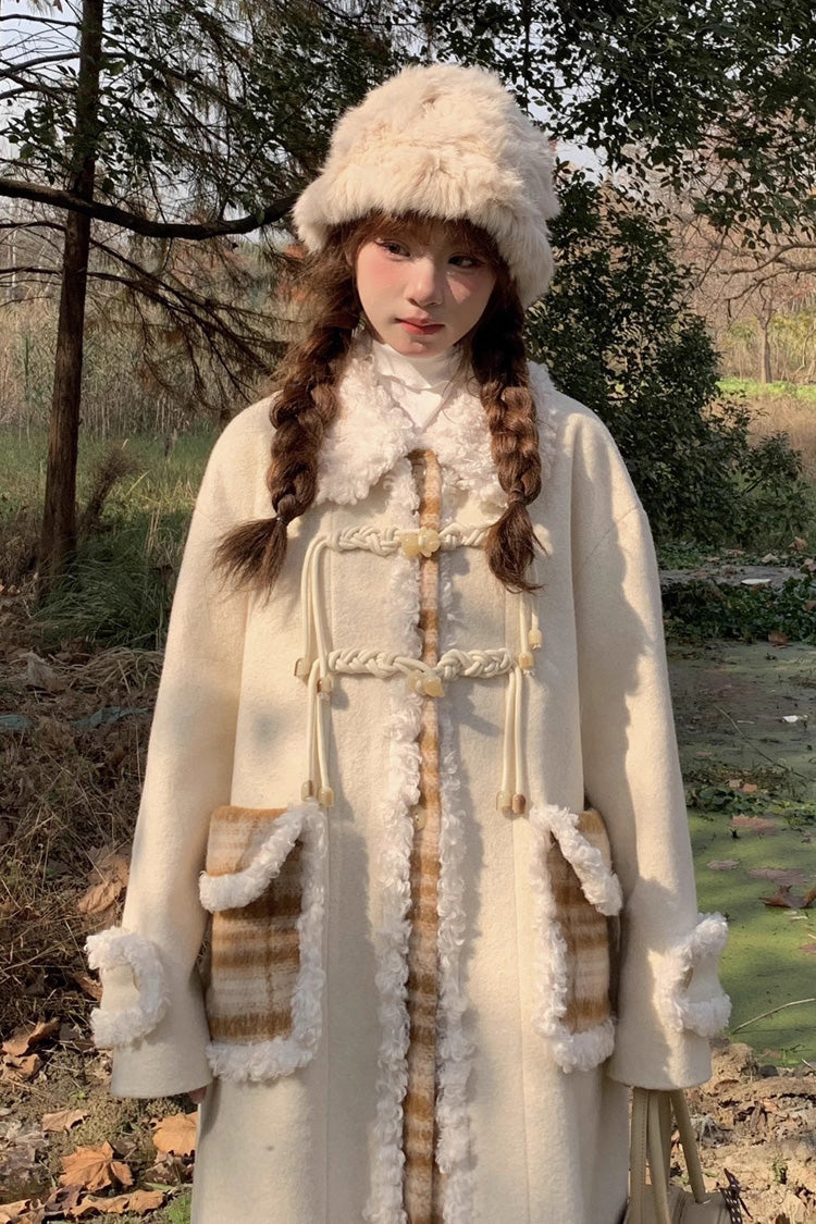 Sweet Lolita Coat with Doll Collar, Plaid Print Stitching & Long Sleeves, Cream