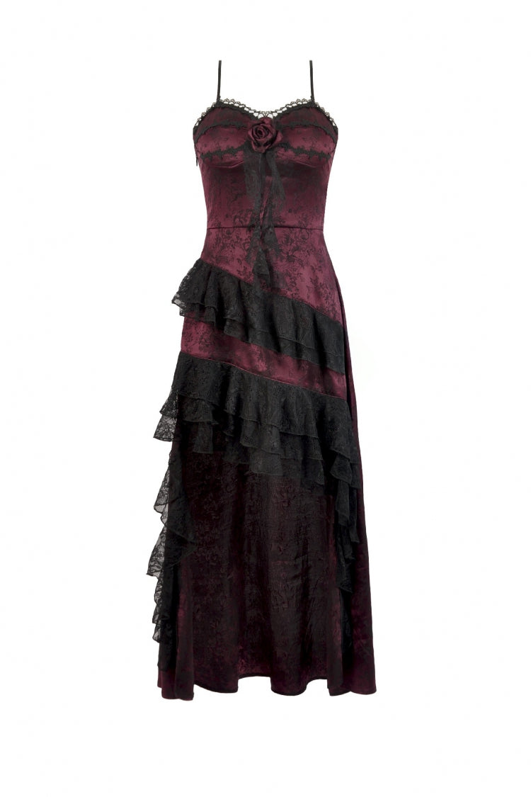 Crimson & Charcoal Rose Layered Tulle Ruffled Goth Evening Gown