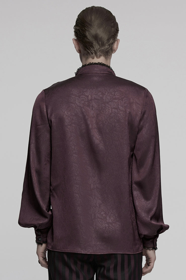 Crimson High-Neck Gothic Ruffled Rose Blouse with Lace-Up Plunge