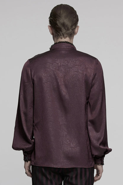 Crimson High-Neck Gothic Ruffled Rose Blouse with Lace-Up Plunge