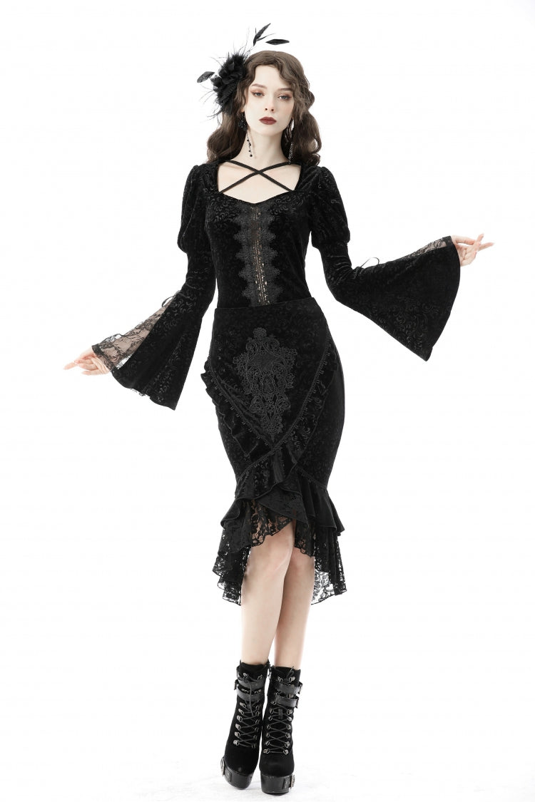 Women's Gothic Dovetail Wrap Skirt with Lace and Lace-Up in Black Jacquard