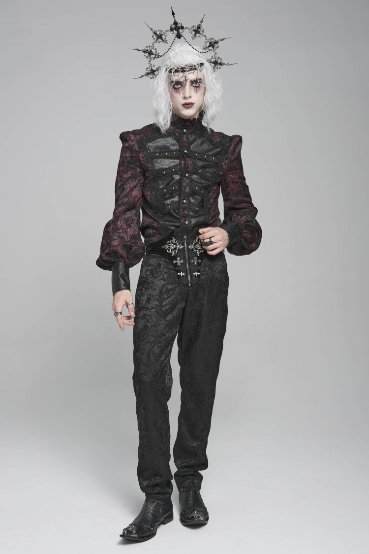 Crimson & Obsidian Stand Collar Long Lantern Sleeves Floral Print Embroidery Gothic Blouse