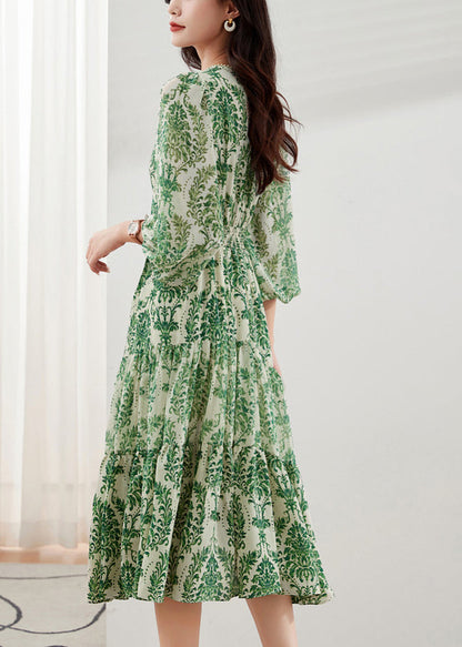 V Green Handmade Neck Bracelet Print Dresses Chiffon Vacation