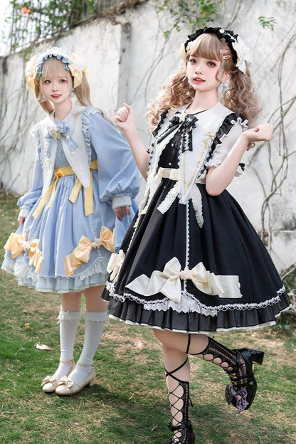 Sweet Lolita Ruffle Lace Stitch Dress with Bow
