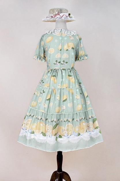 Emerald Lemon Chicken Short-Sleeve Ruffle Bow Daily Sweet Dress