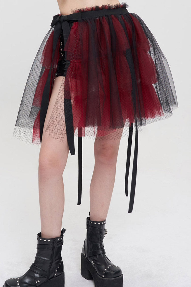 Crimson & Charcoal Punk Mesh Ruffle Rocker Mini Skirt