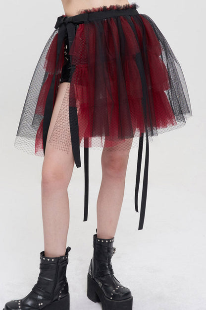 Crimson & Charcoal Punk Mesh Ruffle Rocker Mini Skirt