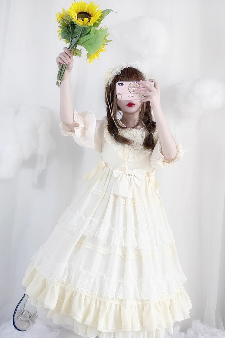 Cool Angel Sweet Lolita Dress with Bowknot, Ruffles & Short Lace Sleeves, Cream