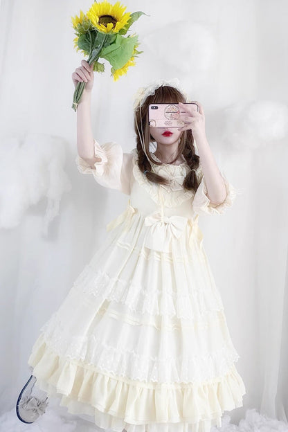 Cool Angel Sweet Lolita Dress with Bowknot, Ruffles & Short Lace Sleeves, Cream