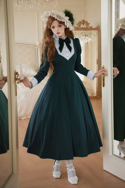 Emerald Donya Stand-Collar Long-Sleeve Gothic Bow OP Dress