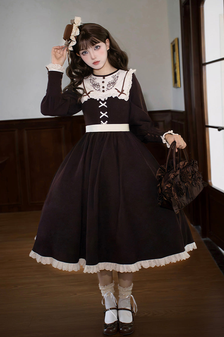 Rustic Brown Embroidered Ruffle Sleeve Sweet Lolita Gown - Miss Brown