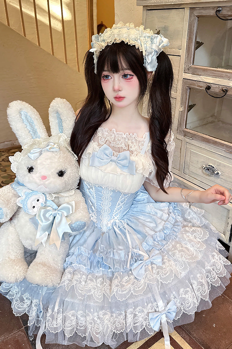 Azure Dance of Time Sleeveless Triple Ruffled Bow Lace-Up Sweet Ballet Lolita Jumper Dress