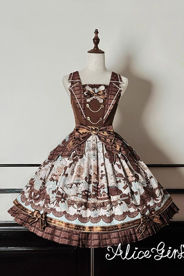 Teddy Bear Chocolate Ruffle Bow Sweet Lolita JSK Dress - Sleeveless Print