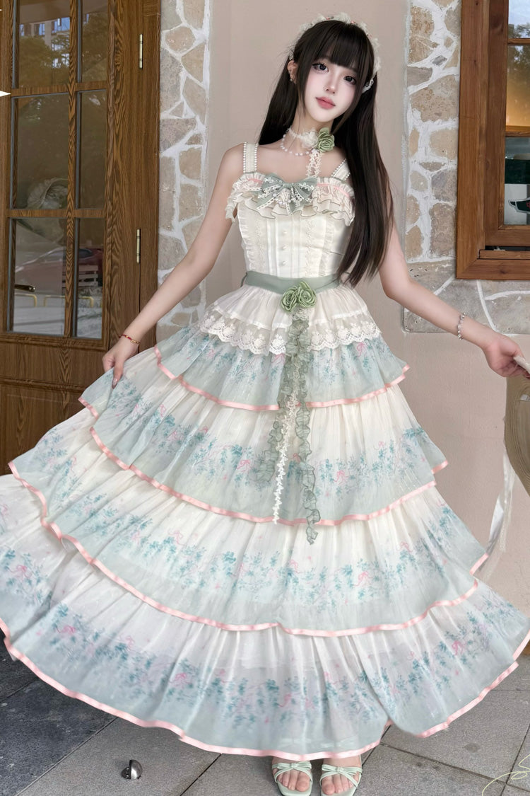 Emerald Lilac Thoughts Gradient Layered Ruffle Bow Lace Dress Set
