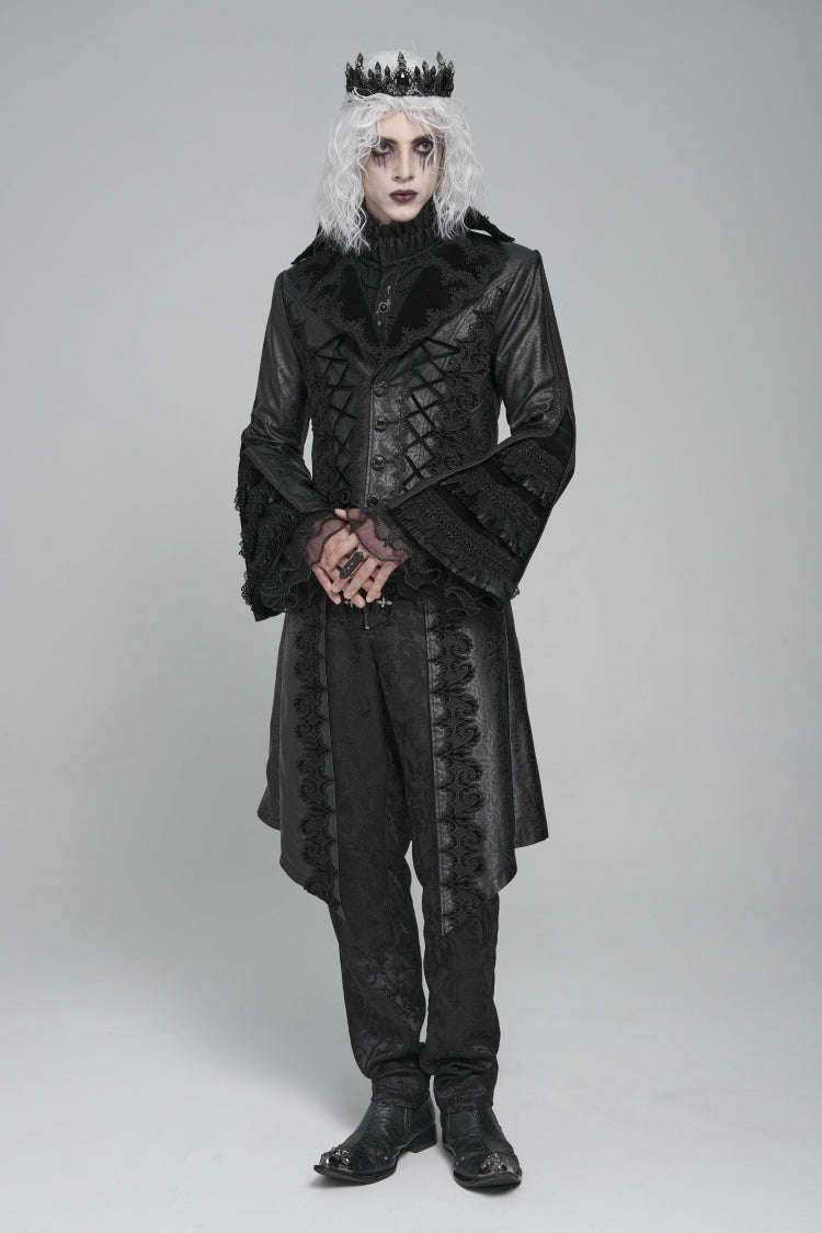 Ebony Flared-Sleeve Floral Crochet Lace-Up Men's Gothic Overcoat