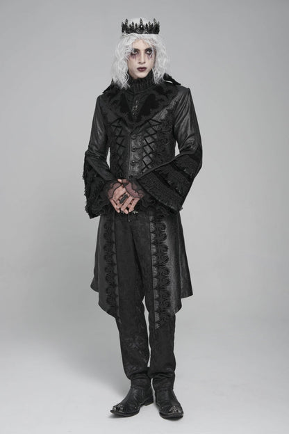 Ebony Flared-Sleeve Floral Crochet Lace-Up Men's Gothic Overcoat