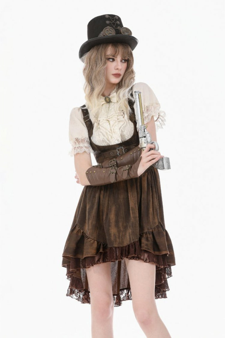 Gothic Women's Blouse with Puff Sleeves, Sheer Lace-Up & Detachable Bow