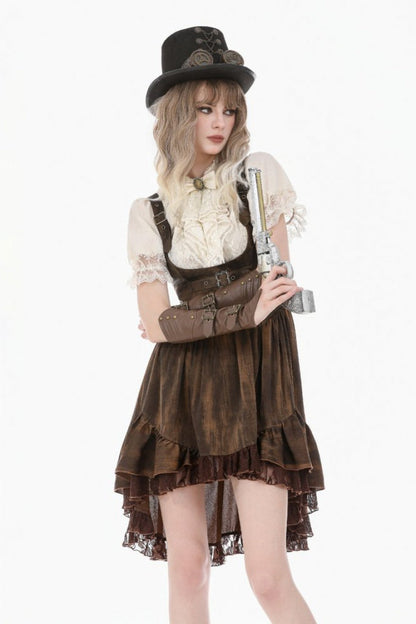 Gothic Women's Blouse with Puff Sleeves, Sheer Lace-Up & Detachable Bow