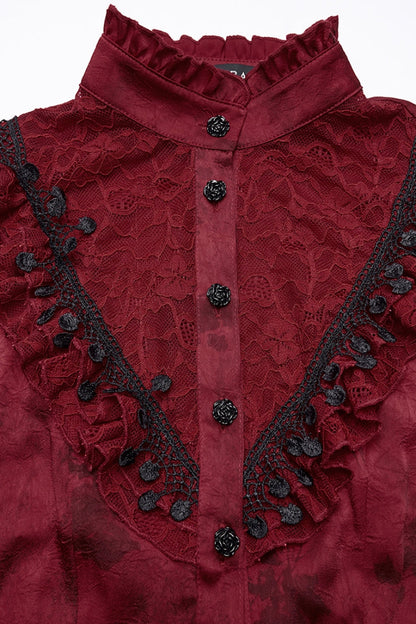 Crimson High-Neck Gothic Ruffled Blouse with Puffed Sleeves and Lace