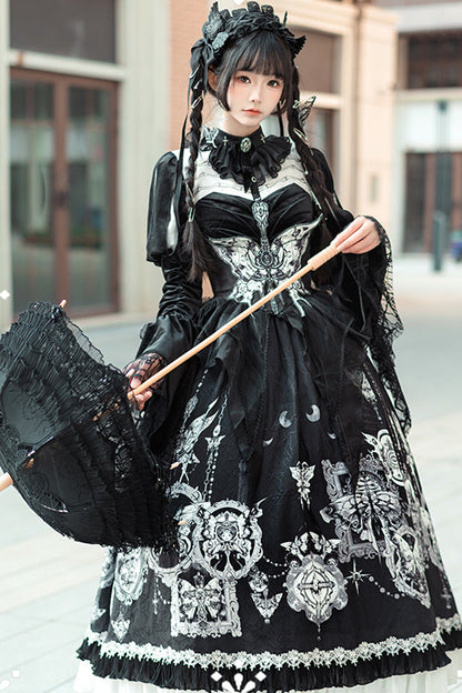Gothic Lolita Long Dress with Print, Ruffle, and Bowknot Lace in Black