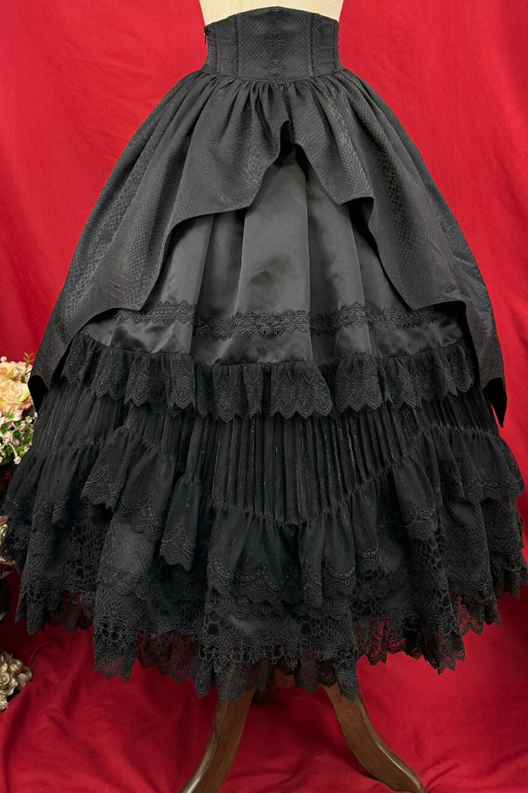 Ebony Layered Lace-Trimmed Open Front Gothic Petticoat Skirt - Immortality Taboo