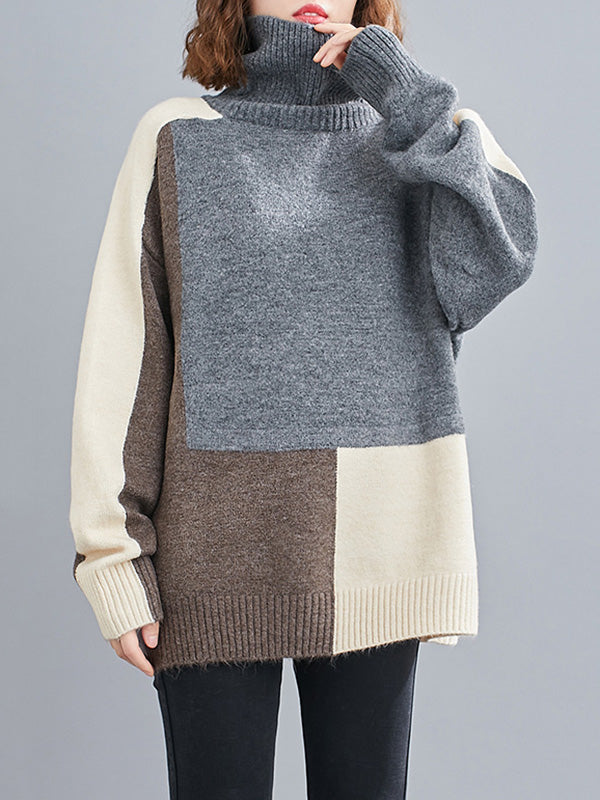 Stylish Grey High-Neck Color-block Long Sleeve Knit Sweater AN1043